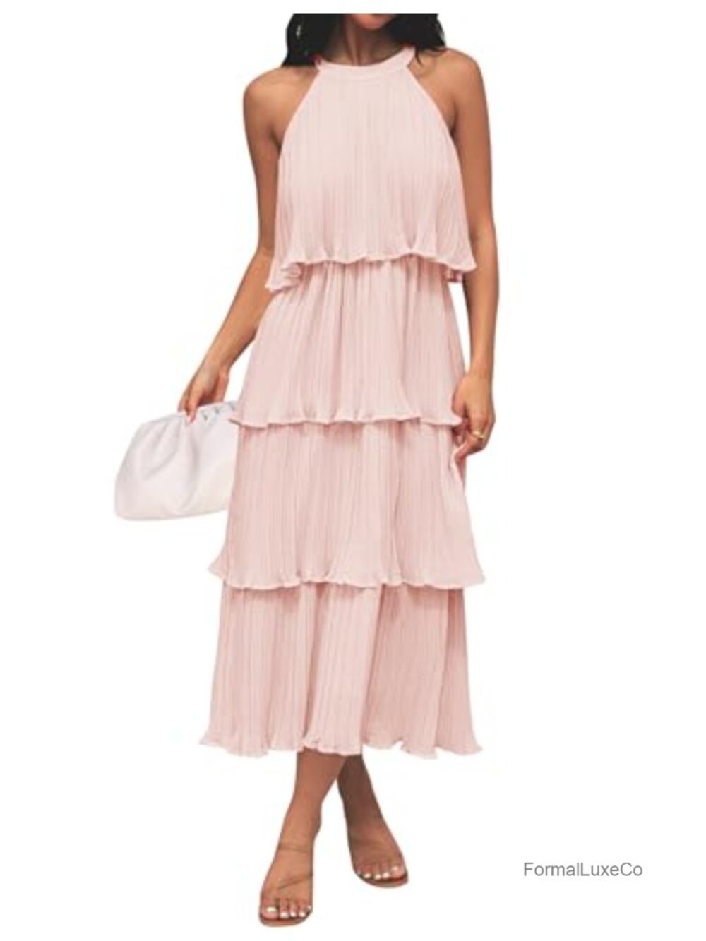 Women's Summer Halter Midi Dress Ruffle Tiered Sleeveless Wedding Guest